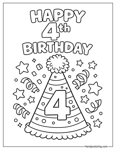 4th Birthday Party Hat Coloring Page