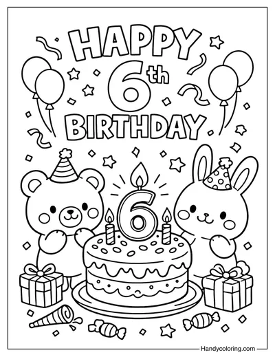 6th Birthday Animal Party Coloring Page
