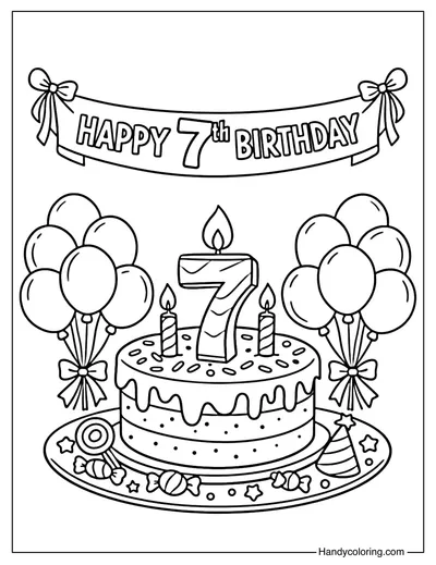 7th Birthday Banner And Balloons Coloring Page