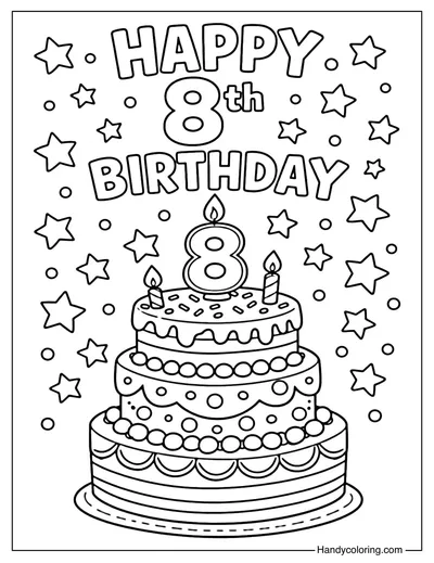 8th Birthday Cake And Stars Coloring Page