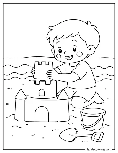 A Boy Building a Sandcastle with Bucket and Shovel