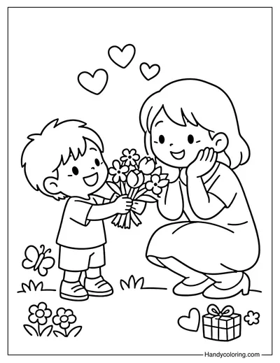 A Child Giving Flowers to Mom