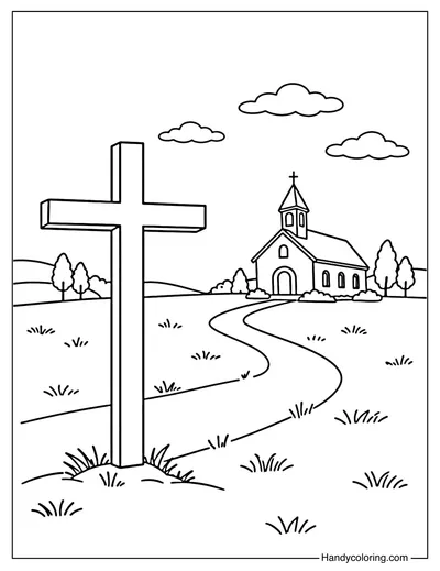 A Cross In Front Of A Small Church