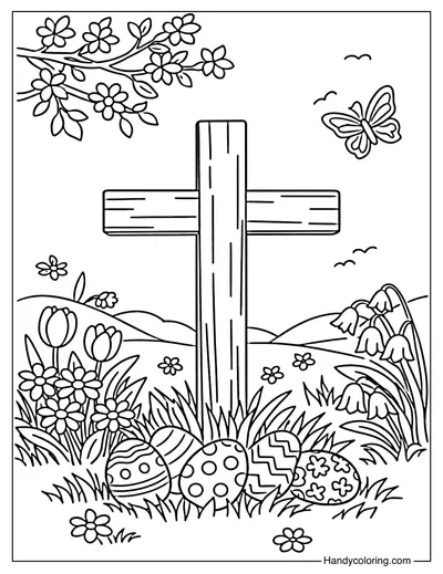A Cross In The Spring Garden With Easter Eggs