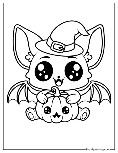 Adorable Bat with Pumpkin Coloring Page