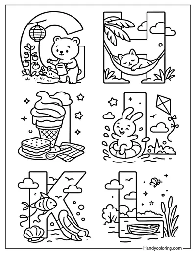 Alphabet Summer G to L Coloring Page