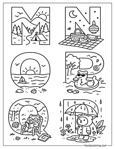 Alphabet Summer M to R Coloring Page