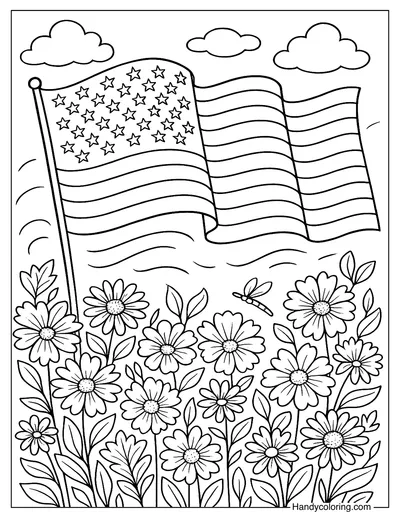 American Flag and Blooming Flowers Coloring Page