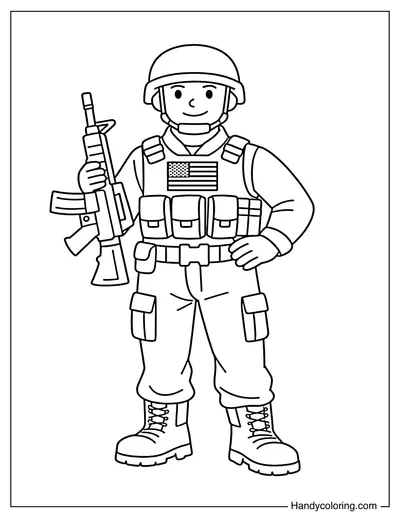 American Soldier Standing Holding a Rifle