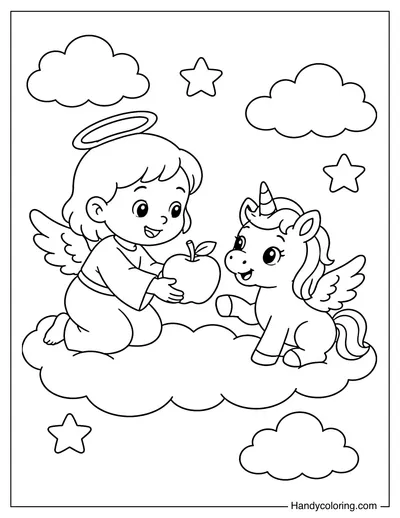 Angel Gives An Apple To A Unicorn