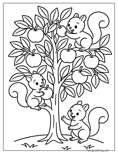 Apple Tree with Squirrels Coloring Page