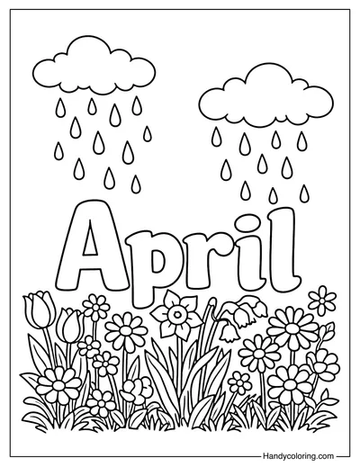 April Raindrops and Flowers Coloring Page