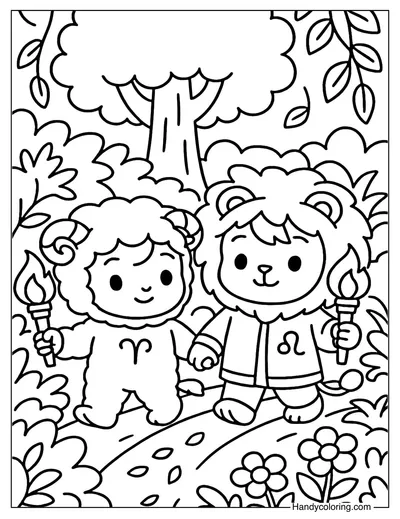 Aries and Leo Jungle Quest Coloring Page