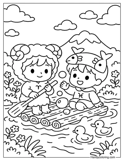 Aries and Pisces River Rafting Coloring Page