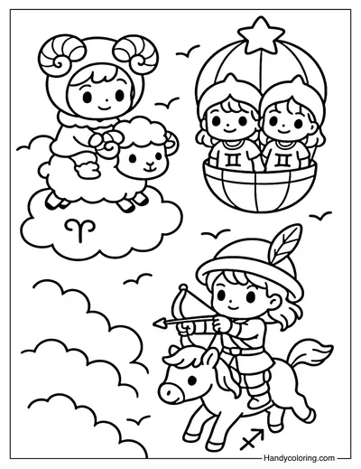 Aries, Gemini, Sagittarius Sky Riders Coloring Page