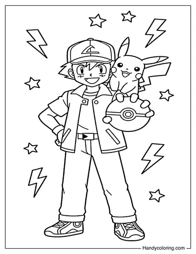 Ash with Pikachu on Shoulder