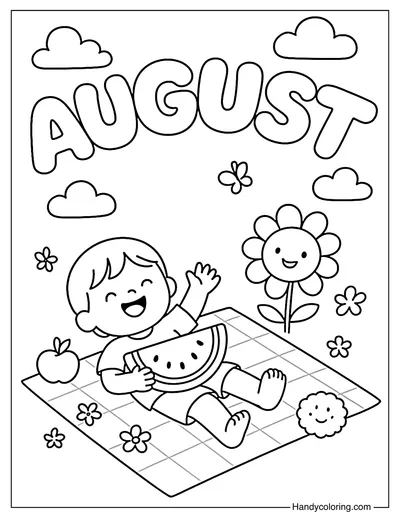 August Bubble Letters Picnic Coloring Page