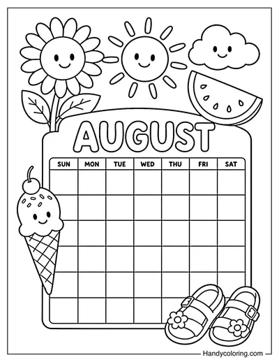August Calendar with Summer Icons