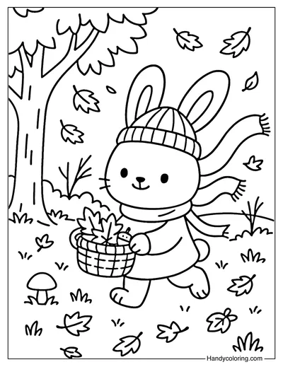Autumn Bunny Gathering Leaves Coloring Page