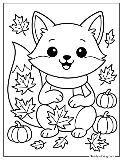 Autumn Fox with Leaves Coloring Page