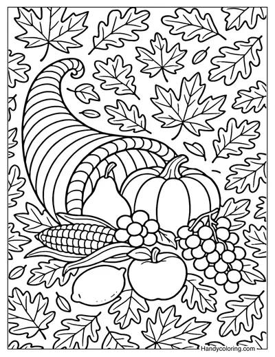 Autumn Leaves Cornucopia Coloring Page