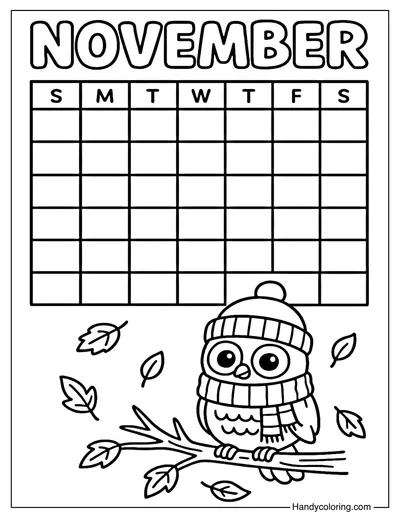 Autumn Owl Calendar November Coloring Page