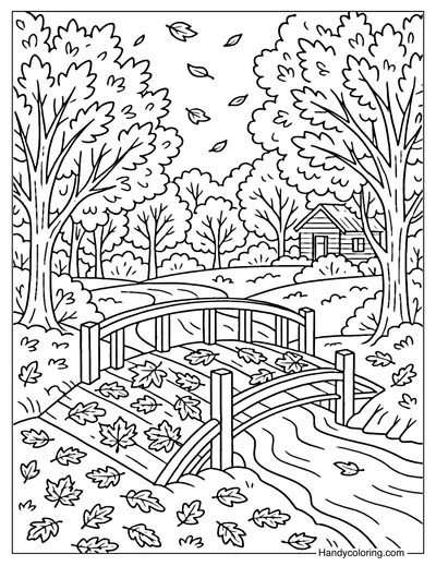 Autumn Wooden Bridge Coloring Page