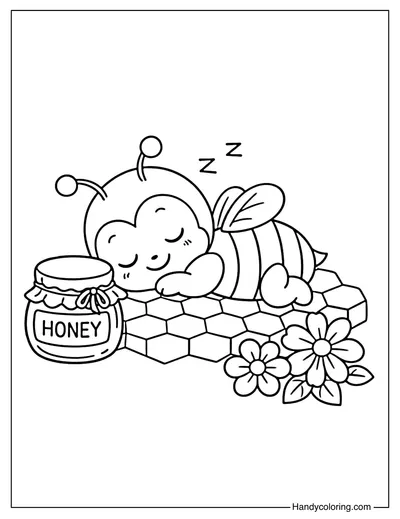 Baby Bee Sleeping on Honeycomb Coloring Page