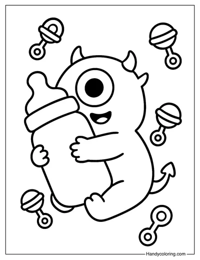 Baby Monster with Milk Bottle Coloring Page