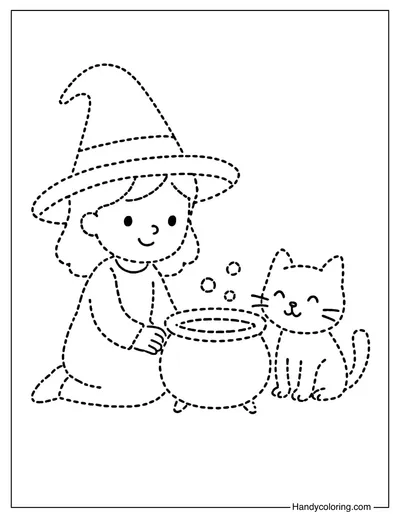 Baby Witch and Cat Tracing Coloring Page