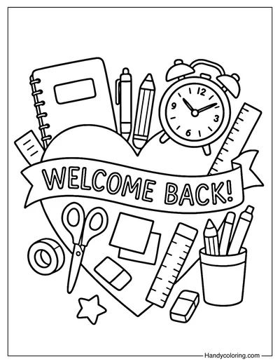 Back to School Supplies Collage Coloring Page