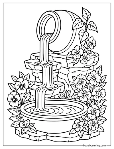 Backyard Clay Pot Cascade Coloring Page