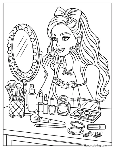 Barbie Applying Makeup in Front of a Mirror