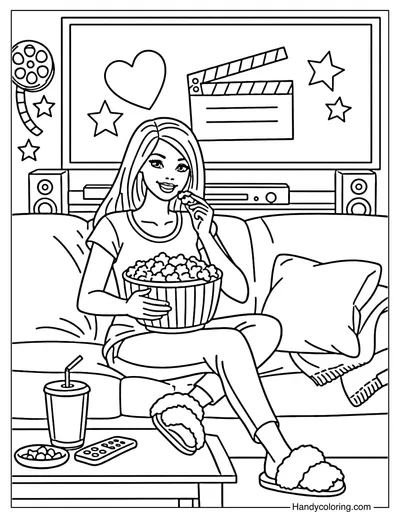 Barbie Watching a Movie at Home with Popcorn