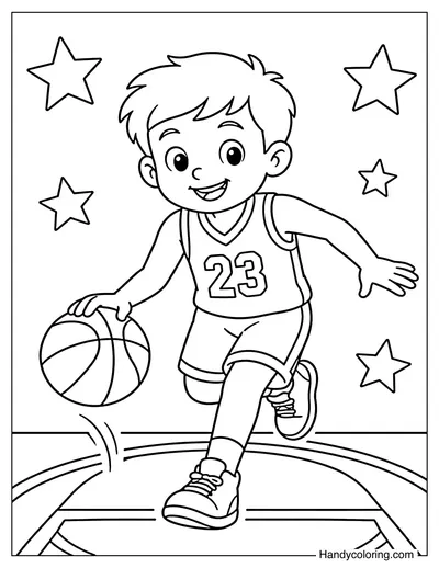 Basketball Boy Dribbling Down the Court