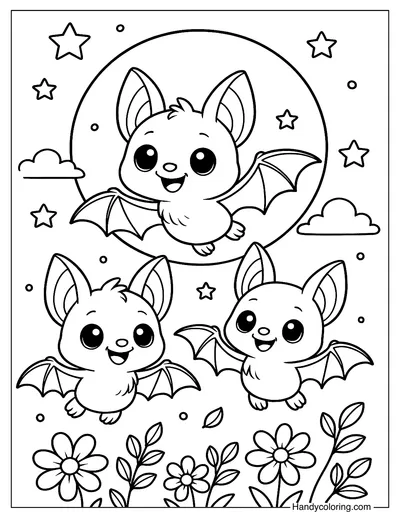 Bat Family Flying Under the Moon Coloring Page
