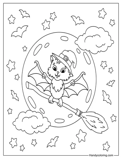 Bat Flies on a Magic Broomstick At Night Coloring