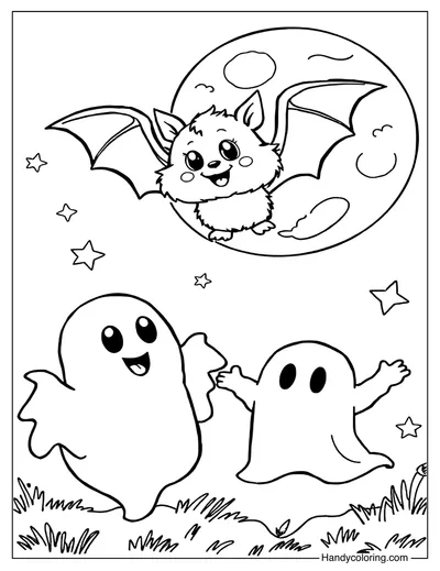 Bat with Ghosts Coloring Page