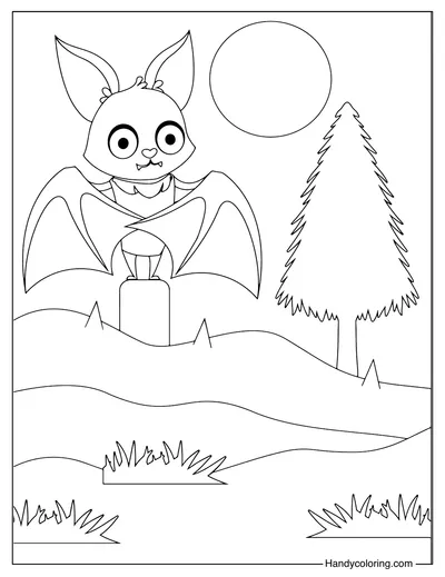 Bat with Tree and Moon Coloring