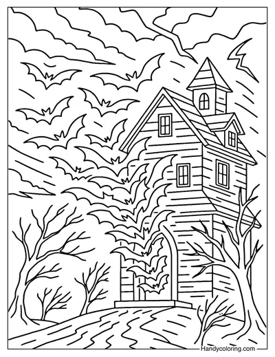 Bats and Haunted House Coloring Page