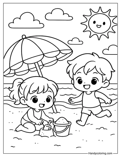 Beach Day with Umbrella Coloring Page
