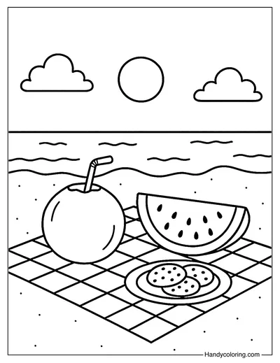 Beach Picnic with Coconut Coloring Page