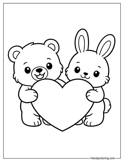 Bear and Bunny with Heart Coloring Page
