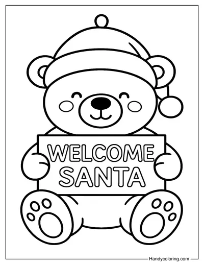 Bear Holding Welcome Santa Sign Coloring Page