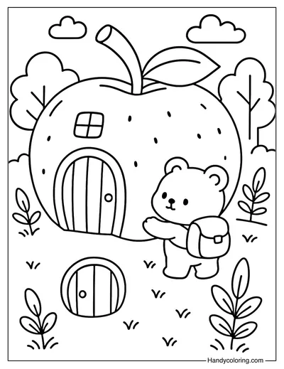Bear with Apple House Coloring Page