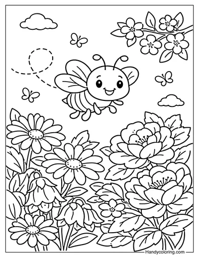 Bee and Flowers Coloring Page