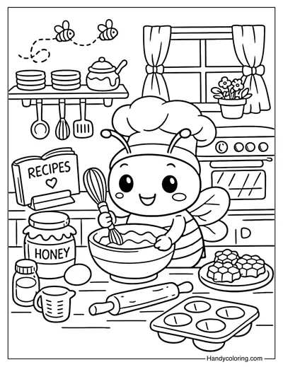 Bee Baking Honey Cake Coloring Page