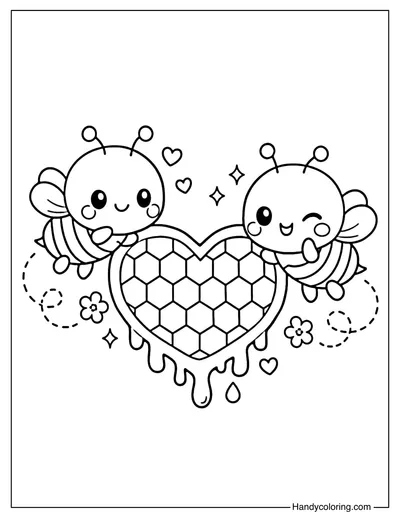 Bee Couple with Heart Honeycomb Coloring Page