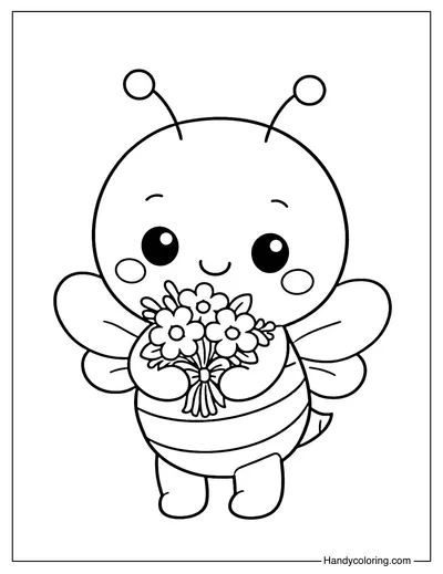 Bee Holding Flower Bouquet Coloring Page