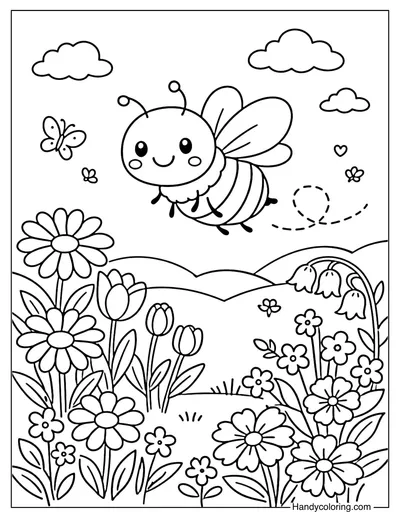 Bee in Flower Garden Coloring Page